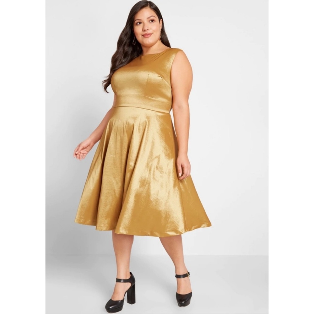 Modcloth | Fantastic Satin Fit and Flare Dress in Gold NEW Size 14